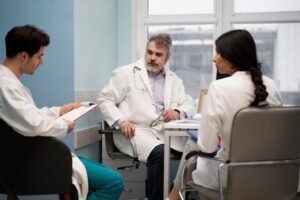 Three healthcare professionals in discussion, representing a consultation scenario relevant to bioidentical hormone therapy discussions